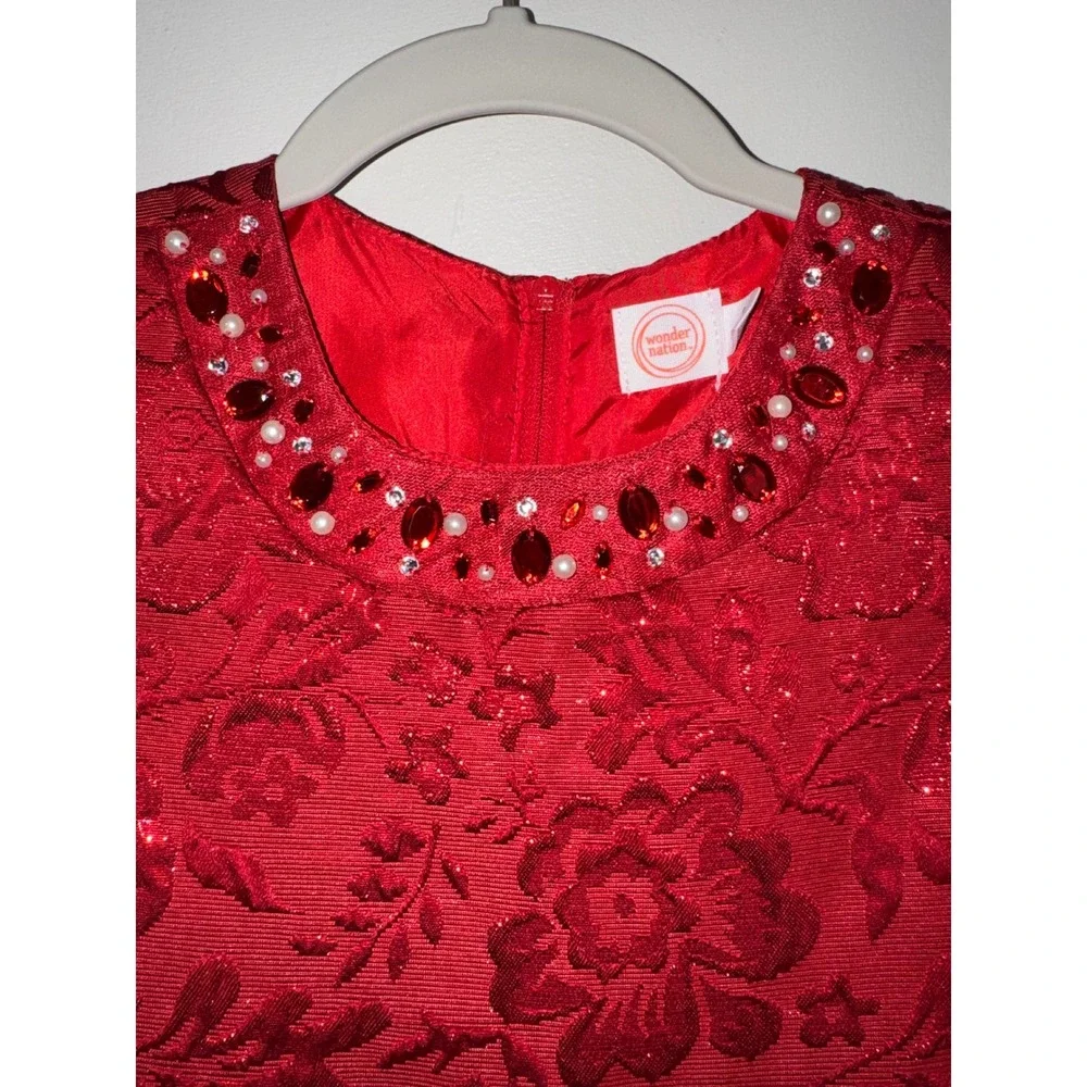 Wonder Nation Girls Red Metallic Floral Jacquard Holiday Dress Size 6
